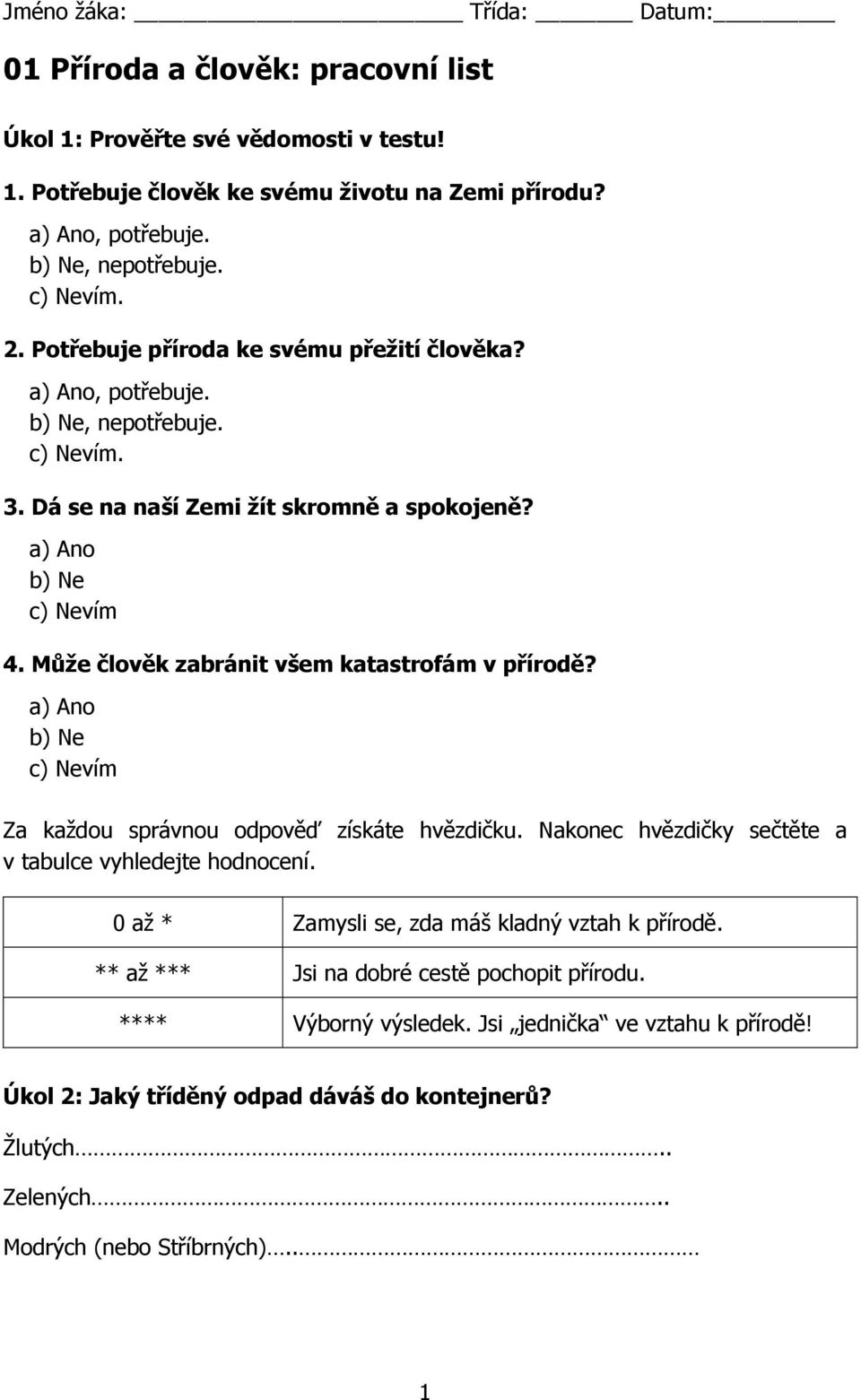 Může člověk zabránit všem katastrofám v přírodě? a) Ano b) Ne c) Nevím Za každou správnou odpověď získáte hvězdičku. Nakonec hvězdičky sečtěte a v tabulce vyhledejte hodnocení.