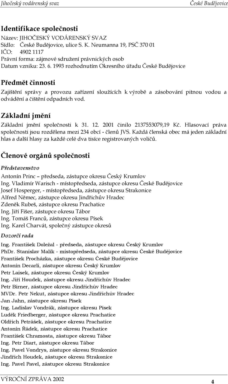 Základní jmění Základní jmění společnosti k 31. 12. 2001 činilo 2137553079,19 Kč. Hlasovací práva společnosti jsou rozdělena mezi 234 obcí - členů JVS.