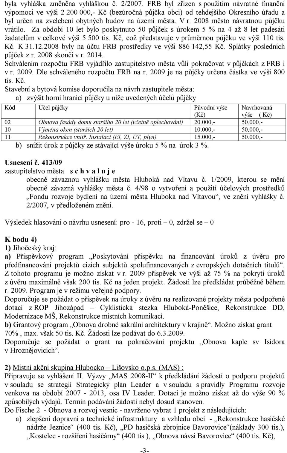 2008 město návratnou půjčku vrátilo. Za období 10 let bylo poskytnuto 50 půjček s úrokem 5 % na 4 až 8 let padesáti žadatelům v celkové výši 5 500 tis.