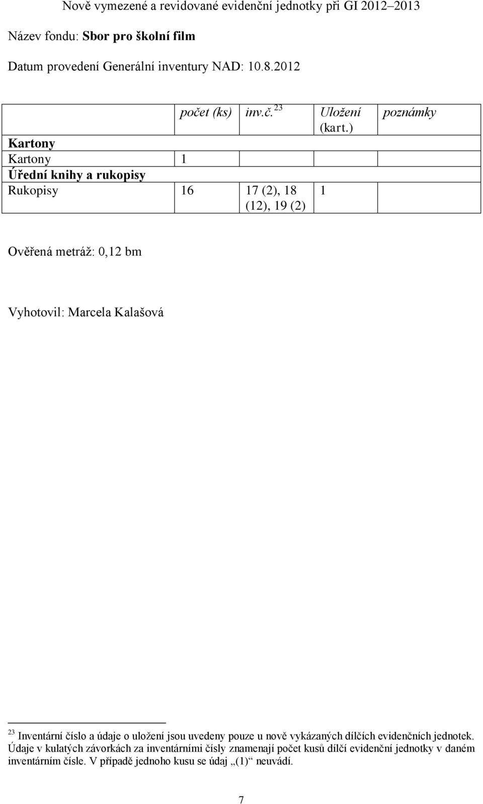 ) Kartony Kartony 1 Úřední knihy a rukopisy Rukopisy 16 17 (2), 18 1 (12), 19 (2) poznámky Ověřená metráž: 0,12 bm Vyhotovil: Marcela Kalašová 23