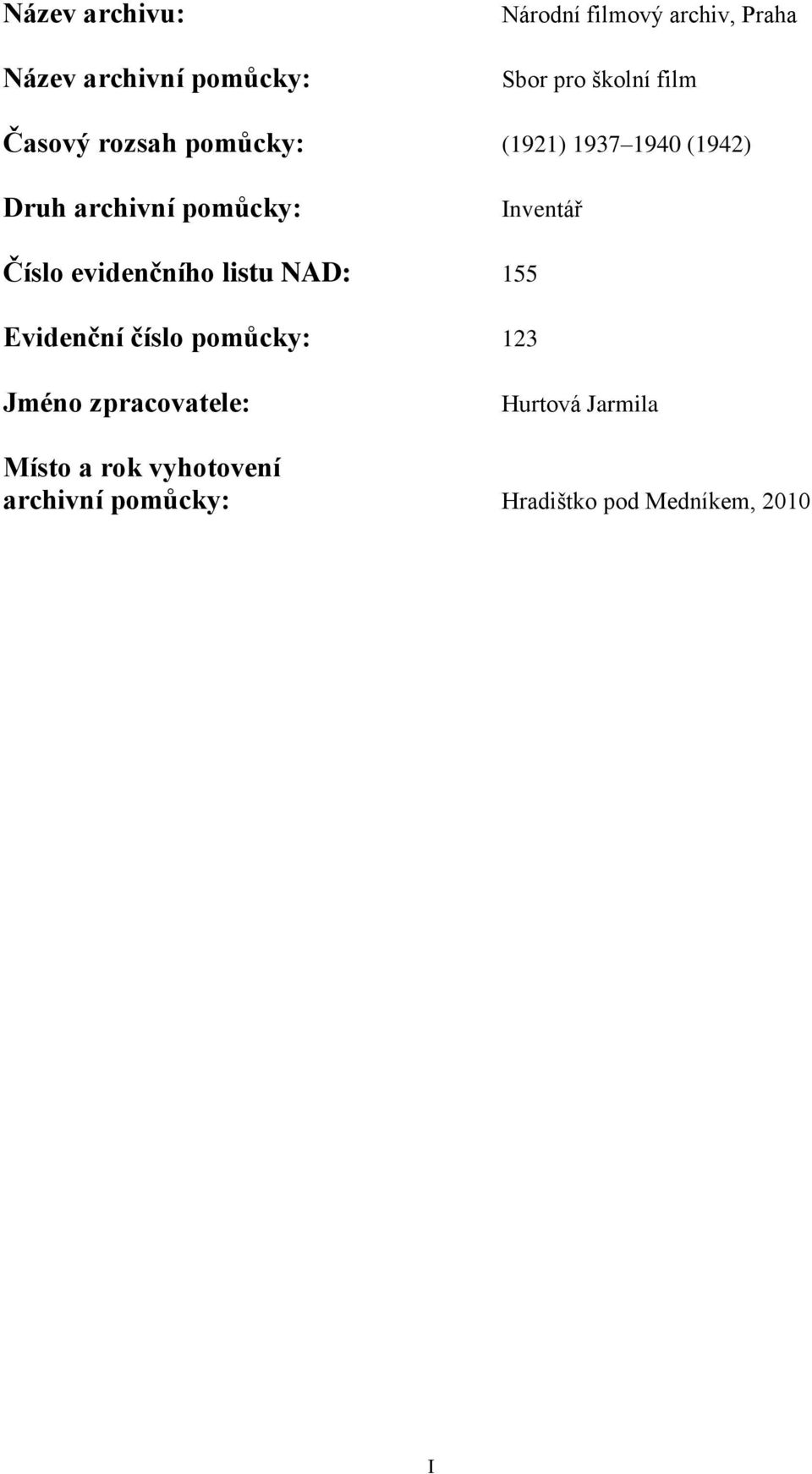 Číslo evidenčního listu NAD: 155 Evidenční číslo pomůcky: 123 Jméno zpracovatele: