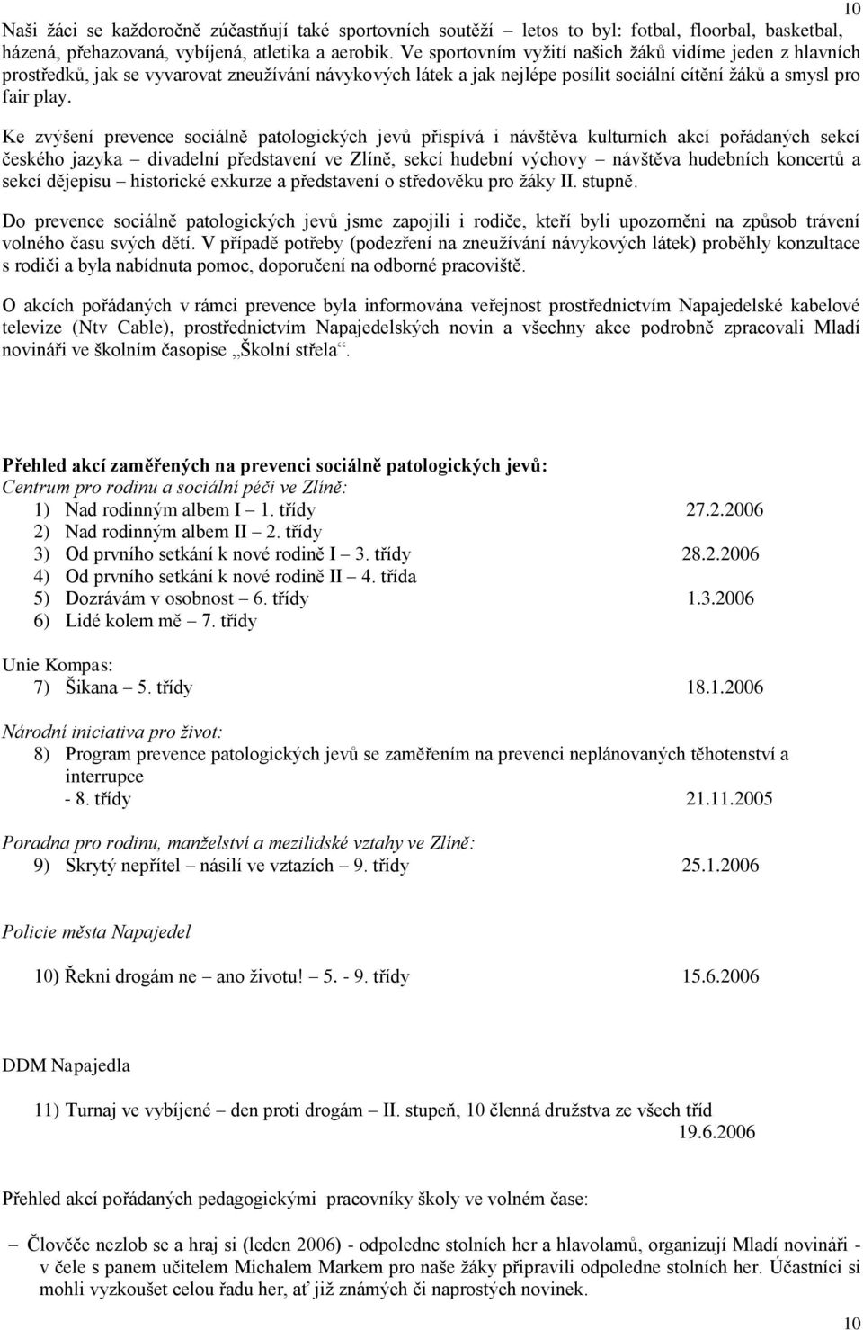 Ke zvýšení prevence sociálně patologických jevů přispívá i návštěva kulturních akcí pořádaných sekcí českého jazyka divadelní představení ve Zlíně, sekcí hudební výchovy návštěva hudebních koncertů a