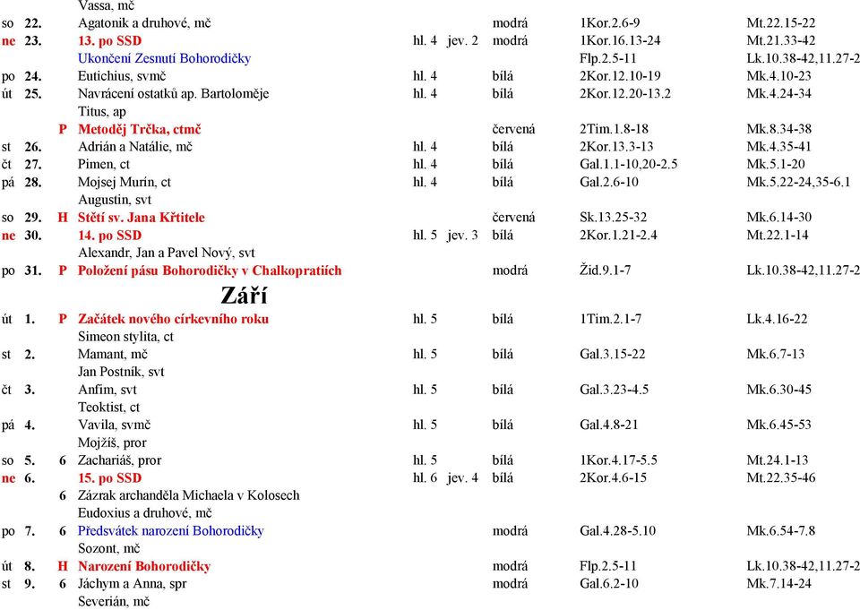 Adrián a Natálie, mč hl. 4 bílá 2Kor.13.3-13 Mk.4.35-41 čt 27. Pimen, ct hl. 4 bílá Gal.1.1-10,20-2.5 Mk.5.1-20 pá 28. Mojsej Murín, ct hl. 4 bílá Gal.2.6-10 Mk.5.22-24,35-6.1 Augustin, svt so 29.