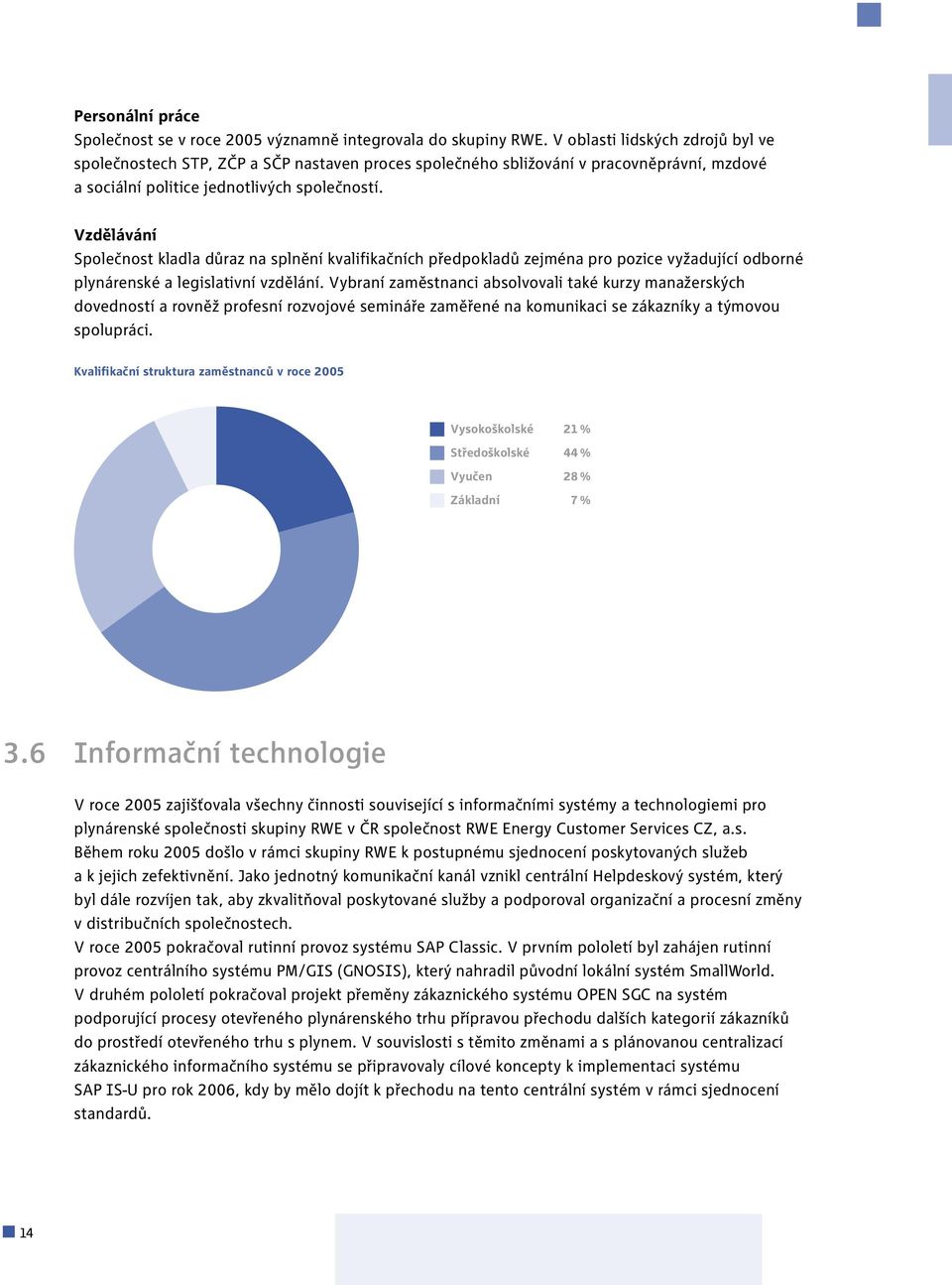 Vzdělávání Společnost kladla důraz na splnění kvalifikačních předpokladů zejména pro pozice vyžadující odborné plynárenské a legislativní vzdělání.