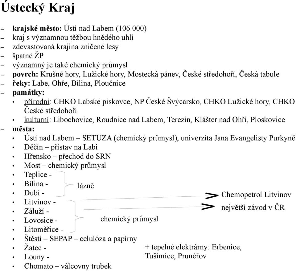 Libochovice, Roudnice nad Labem, Terezín, Klášter nad Ohří, Ploskovice Ústí nad Labem SETUZA (chemický průmysl), univerzita Jana Evangelisty Purkyně Děčín přístav na Labi Hřensko přechod do SRN Most