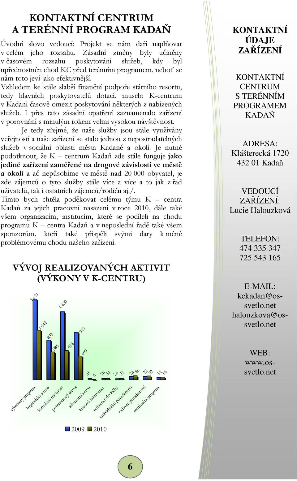 Vzhledem ke stále slabší finanční podpoře státního resortu, tedy hlavních poskytovatelů dotací, muselo K-centrum v Kadani časově omezit poskytování některých z nabízených služeb.