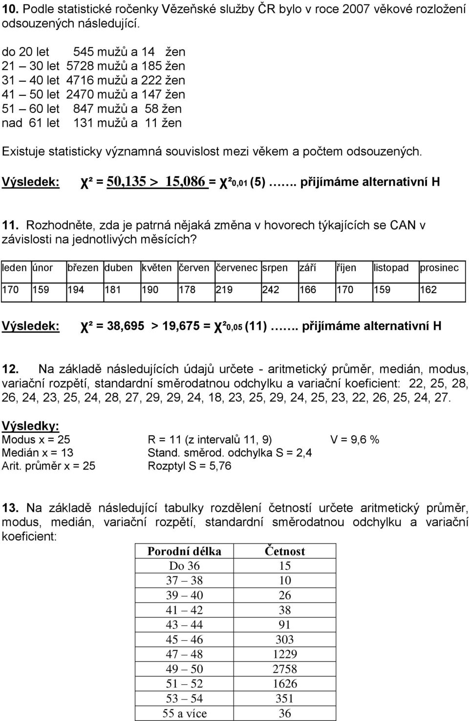 významná souvislost mezi věkem a počtem odsouzených. χ² = 50,135 > 15,086 = χ²0,01 (5). přijímáme alternativní H 11.