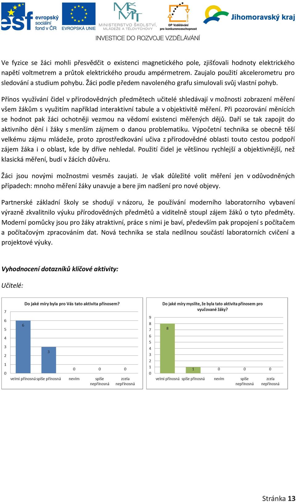 Přínos využívání čidel v přírodovědných předmětech učitelé shledávají v možnosti zobrazení měření všem žákům s využitím například interaktivní tabule a v objektivitě měření.