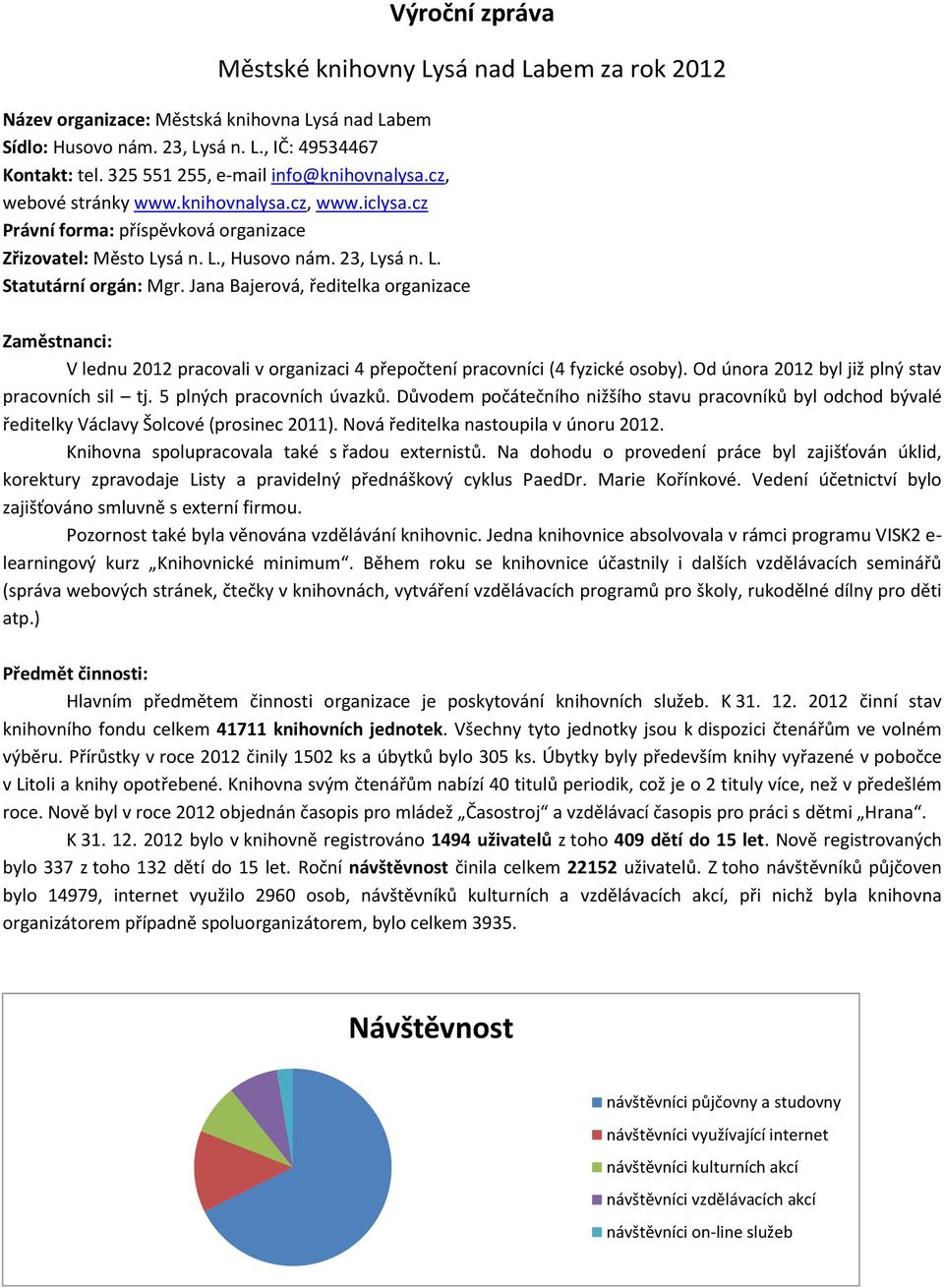 Jana Bajerová, ředitelka organizace Zaměstnanci: V lednu 2012 pracovali v organizaci 4 přepočtení pracovníci (4 fyzické osoby). Od února 2012 byl již plný stav pracovních sil tj.