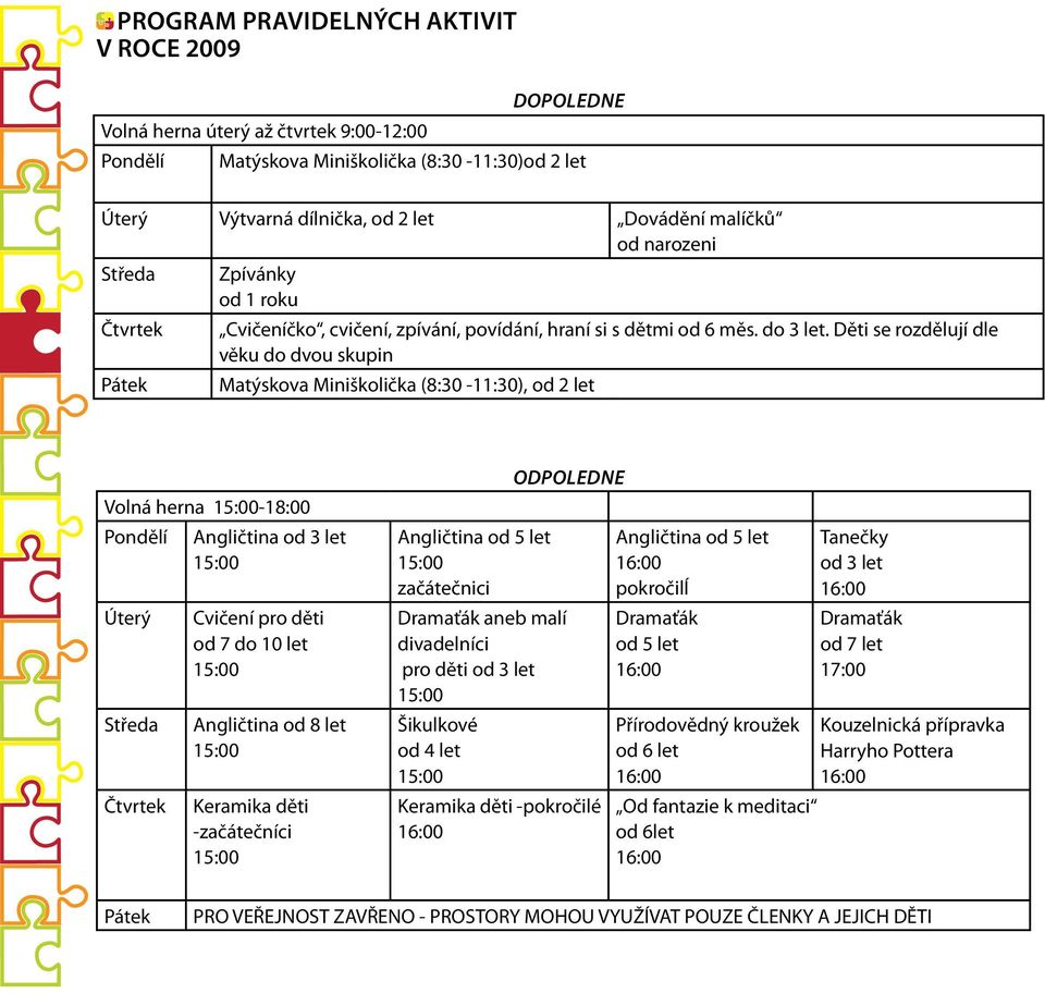Děti se rozdělují dle věku do dvou skupin Pátek Matýskova Miniškolička (8:30-11:30), od 2 let Volná herna 15:00-18:00 Pondělí Angličtina od 3 let 15:00 Úterý Středa Čtvrtek Cvičení pro děti od 7 do