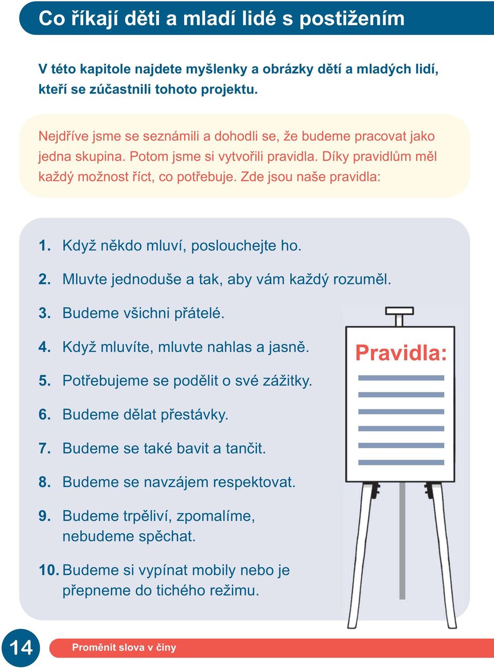 Zde jsou naše pravidla: 1. Když někdo mluví, poslouchejte ho. 2. Mluvte jednoduše a tak, aby vám každý rozuměl. 3. Budeme všichni přátelé. 4. Když mluvíte, mluvte nahlas a jasně. 5.