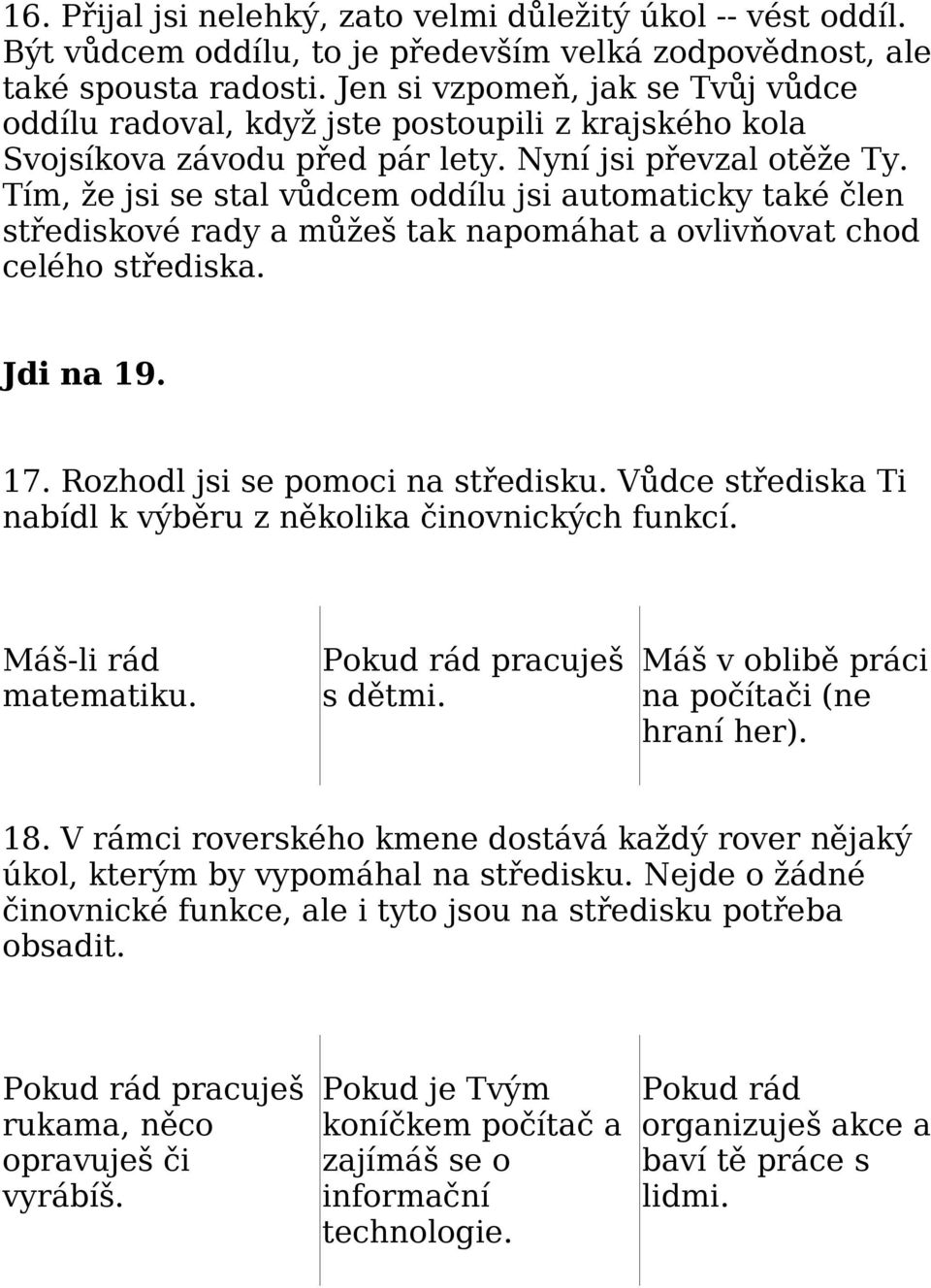 Tím, že jsi se stal vůdcem oddílu jsi automaticky také člen střediskové rady a můžeš tak napomáhat a ovlivňovat chod celého střediska. Jdi na 19. 17. Rozhodl jsi se pomoci na středisku.