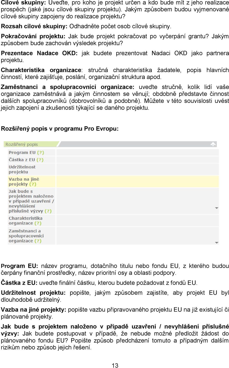 Pokračování projektu: Jak bude projekt pokračovat po vyčerpání grantu? Jakým způsobem bude zachován výsledek projektu? Prezentace Nadace OKD: jak budete prezentovat Nadaci OKD jako partnera projektu.