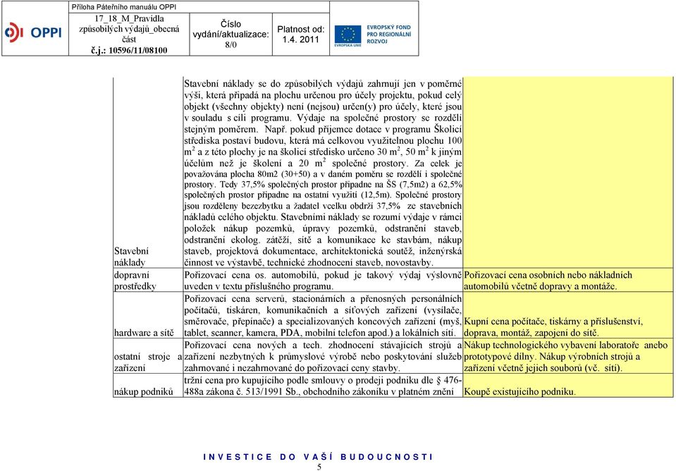 pokud příjemce dotace v programu Školicí střediska postaví budovu, která má celkovou využitelnou plochu 100 m 2 a z této plochy je na školicí středisko určeno 30 m 2, 50 m 2 k jiným účelům než je