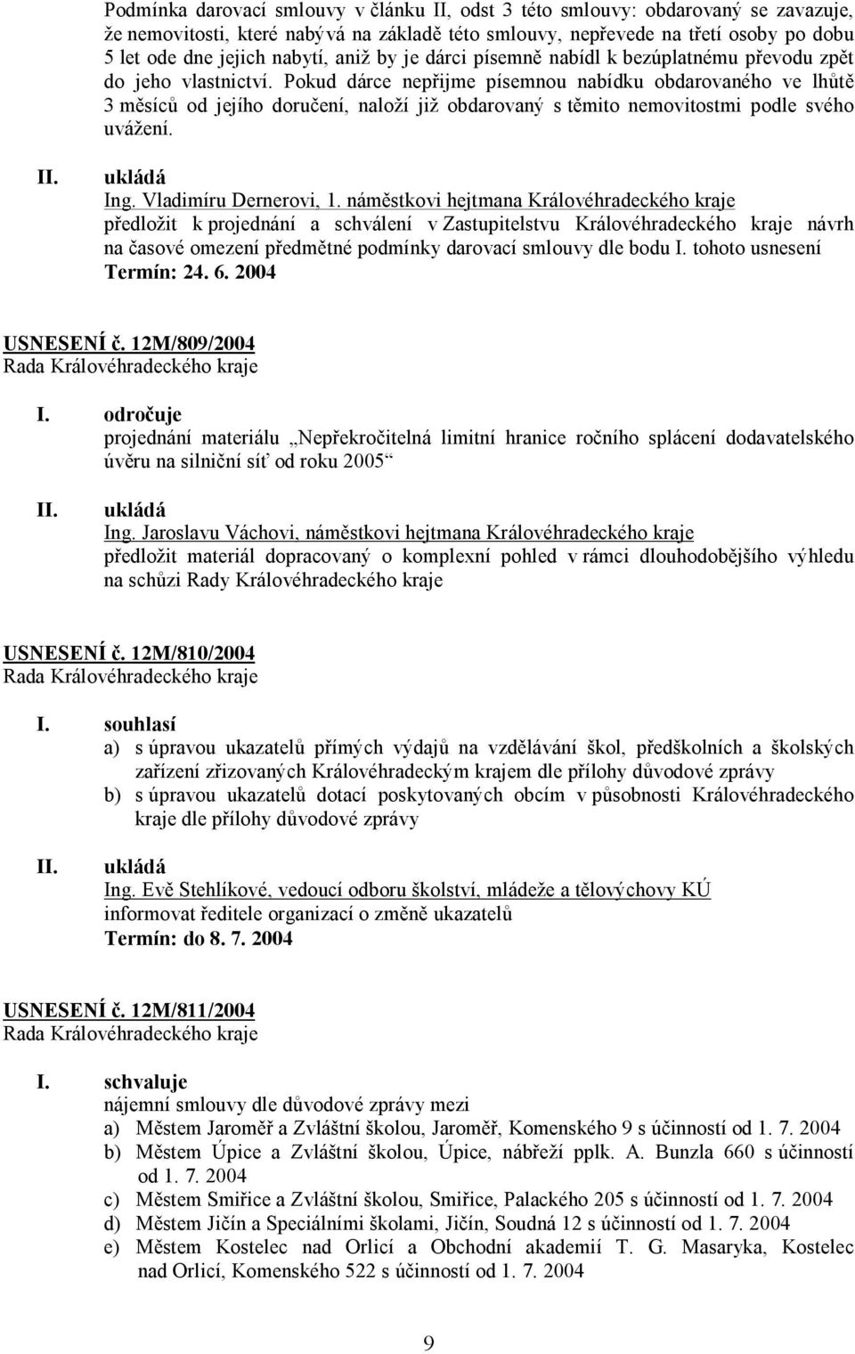 Pokud dárce nepřijme písemnou nabídku obdarovaného ve lhůtě 3 měsíců od jejího doručení, naloží již obdarovaný s těmito nemovitostmi podle svého uvážení. Ing. Vladimíru Dernerovi, 1.