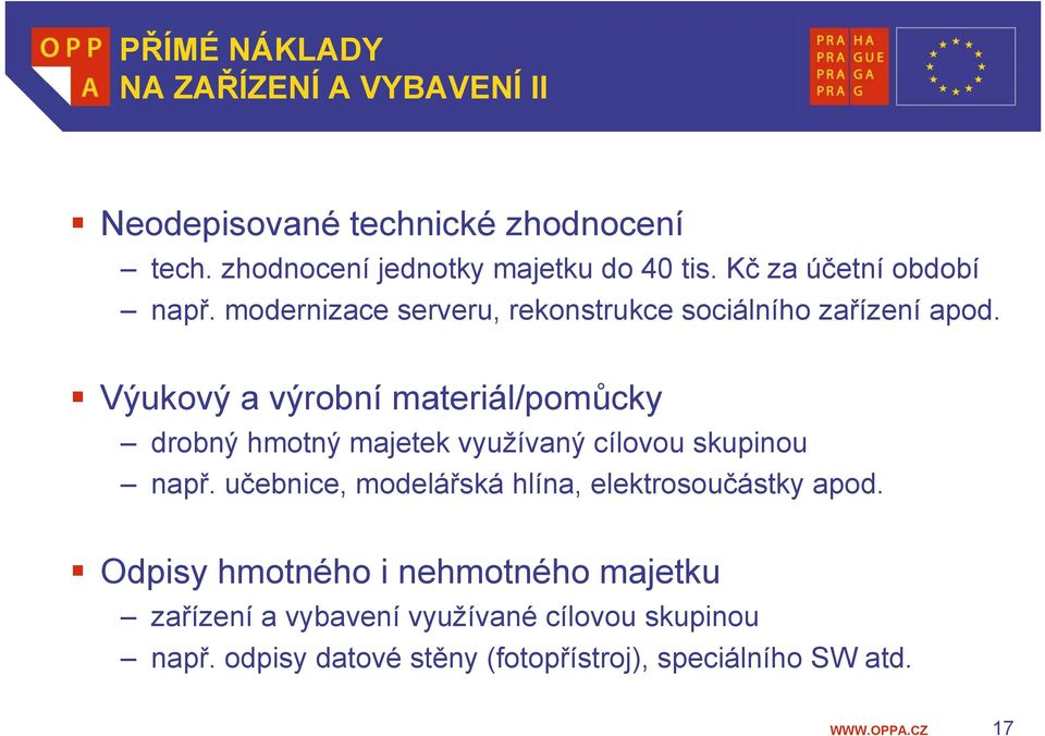 Výukový a výrobní materiál/pomůcky drobný hmotný majetek využívaný cílovou skupinou např.