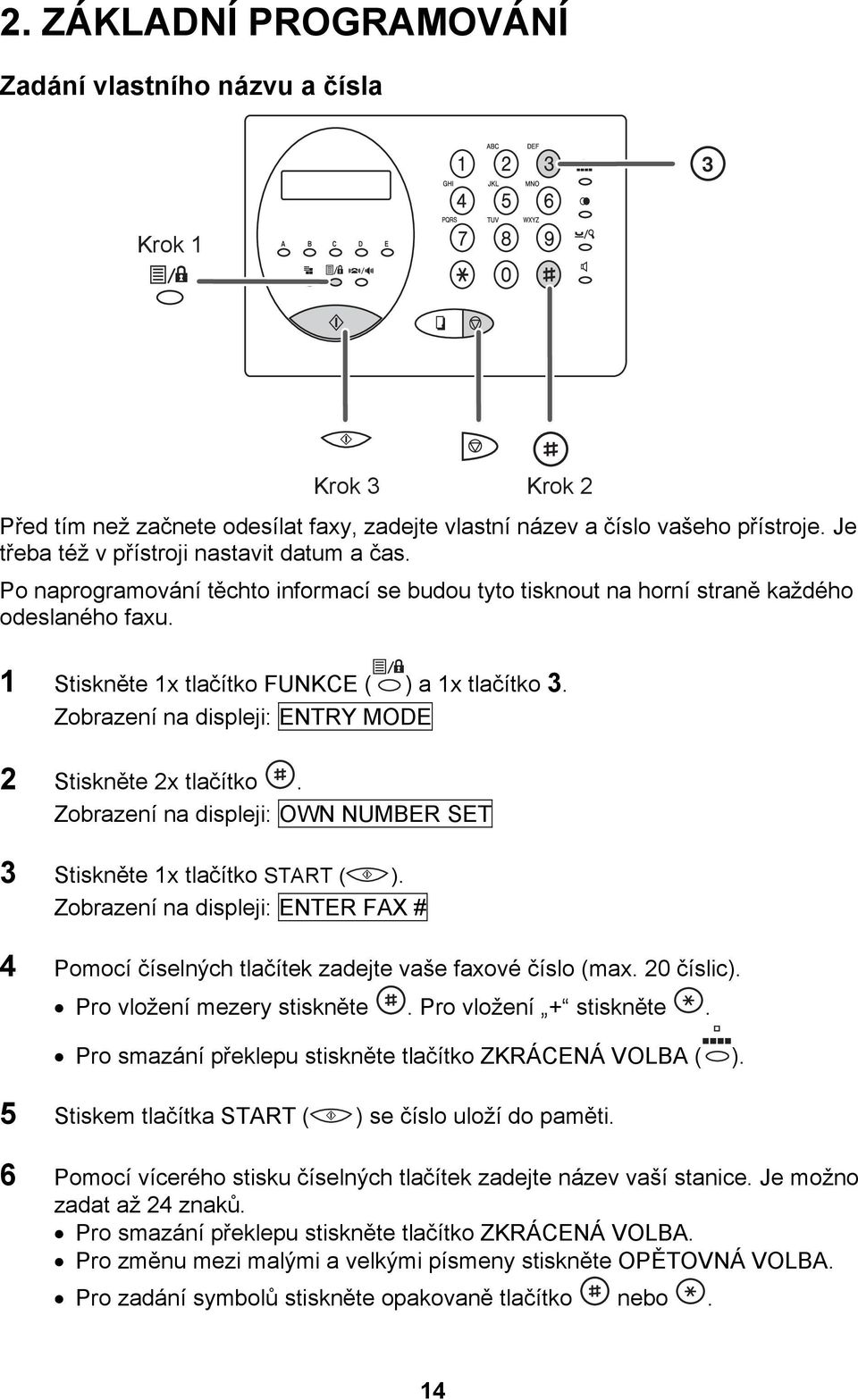 Zobrazení na displeji: ENTRY MODE 2 Stiskněte 2x tlačítko. Zobrazení na displeji: OWN NUMBER SET 3 Stiskněte 1x tlačítko START ( ).