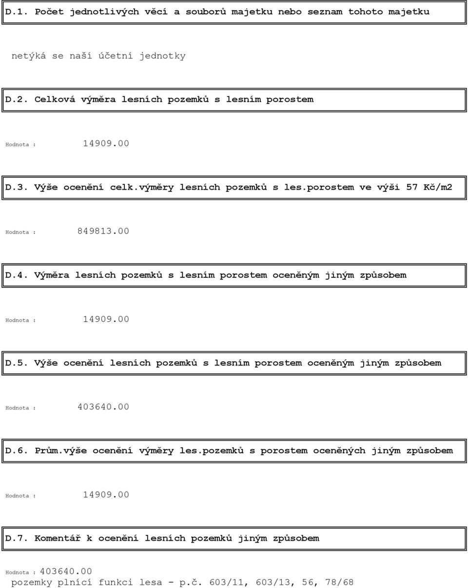 00 D.5. Výše ocenění lesních pozemků s lesním porostem oceněným jiným způsobem Hodnota : 403640.00 D.6. Prům.výše ocenění výměry les.