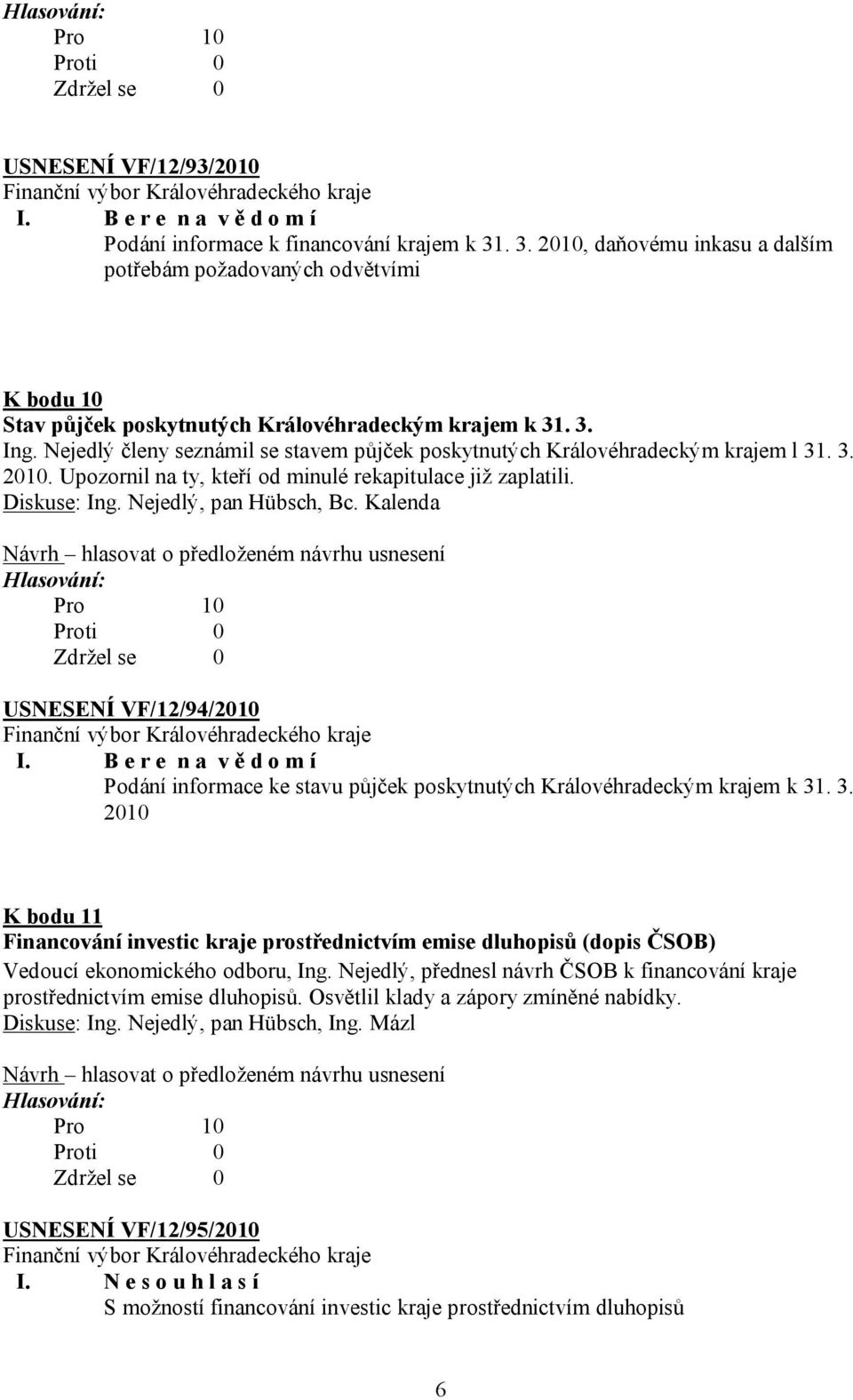 Kalenda USNESENÍ VF/12/94/2010 Podání informace ke stavu půjček poskytnutých Královéhradeckým krajem k 31