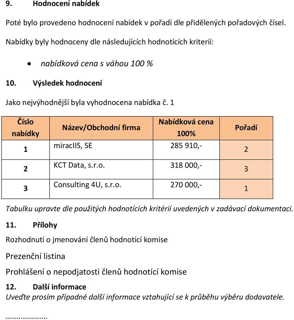 1 Číslo nabídky 1 2 3 Název/Obchodní firma Nabídková cena 100% miraciis, SE 285 910,- KCT Data, s.r.o. 318 000,- Consulting 4U, s.r.o. 270 000,- Pořadí 2 3 1 Tabulku upravte dle použitých hodnotících kritérií uvedených v zadávací dokumentaci.