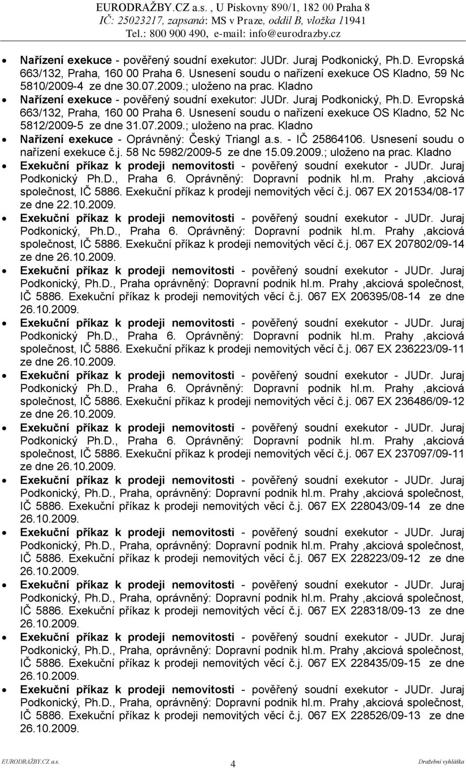 Usnesení soudu o nařízení exekuce OS Kladno, 52 Nc 5812/2009-5 ze dne 31.07.2009.; uloţeno na prac. Kladno Nařízení exekuce - Oprávněný: Český Triangl a.s. - IČ 25864106.