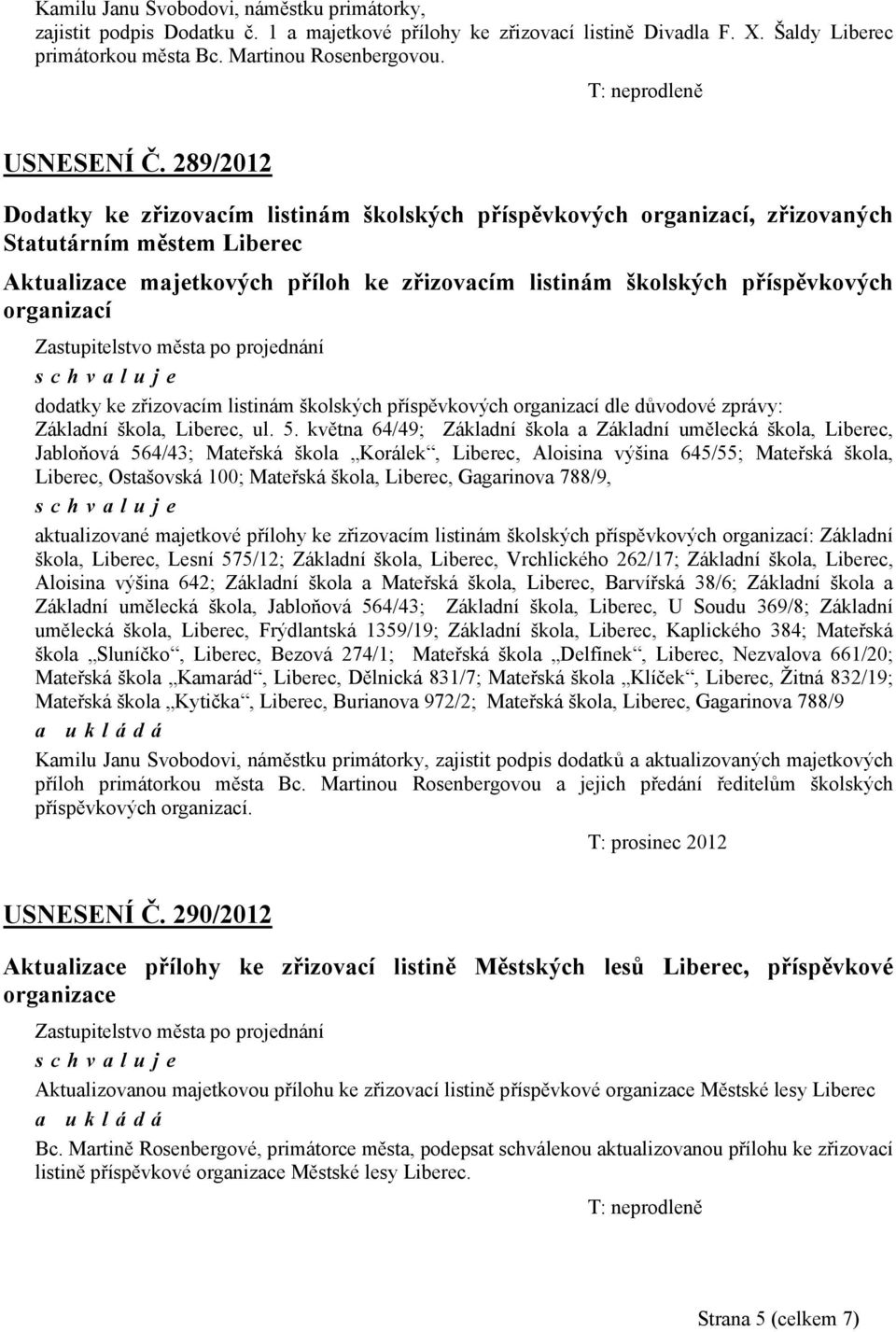 289/2012 Dodatky ke zřizovacím listinám školských příspěvkových organizací, zřizovaných Statutárním městem Liberec Aktualizace majetkových příloh ke zřizovacím listinám školských příspěvkových