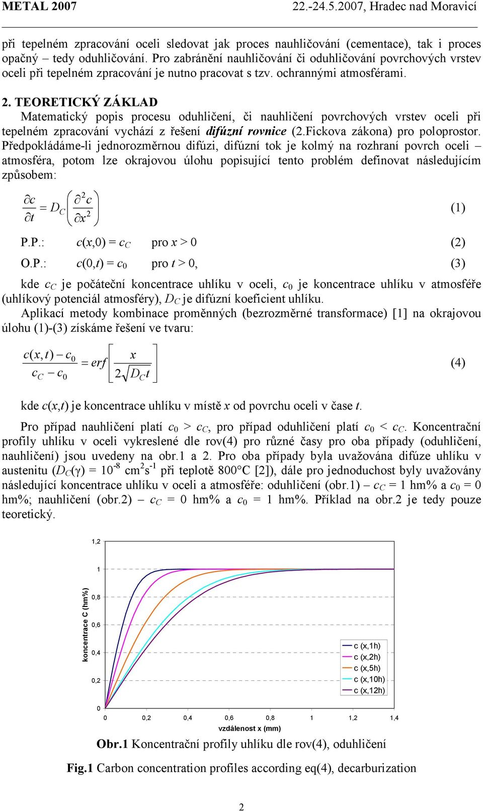 . TEORETICKÝ ZÁKLAD Matematický popis procesu oduhličení, či nauhličení povrchových vrstev oceli při tepelném zpracování vychází z řešení difúzní rovnice (.Fickova zákona) pro poloprostor.