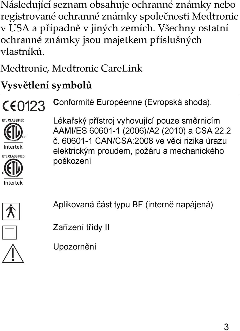 Medtronic, Medtronic CareLink Vysvětlení symbolů Conformité Européenne (Evropská shoda).