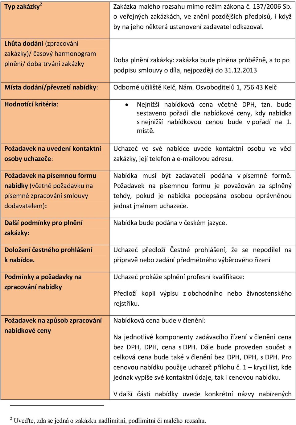 Podmínky a požadavky na zpracování nabídky Požadavek na způsob zpracování nabídkové ceny Zakázka malého rozsahu mimo režim zákona č. 137/2006 Sb.