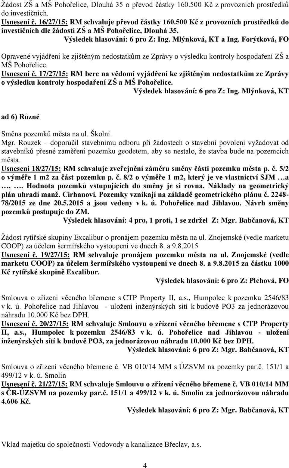 Forýtková, FO Opravené vyjádření ke zjištěným nedostatkům ze Zprávy o výsledku kontroly hospodaření ZŠ a MŠ Pohořelice. Usnesení č.