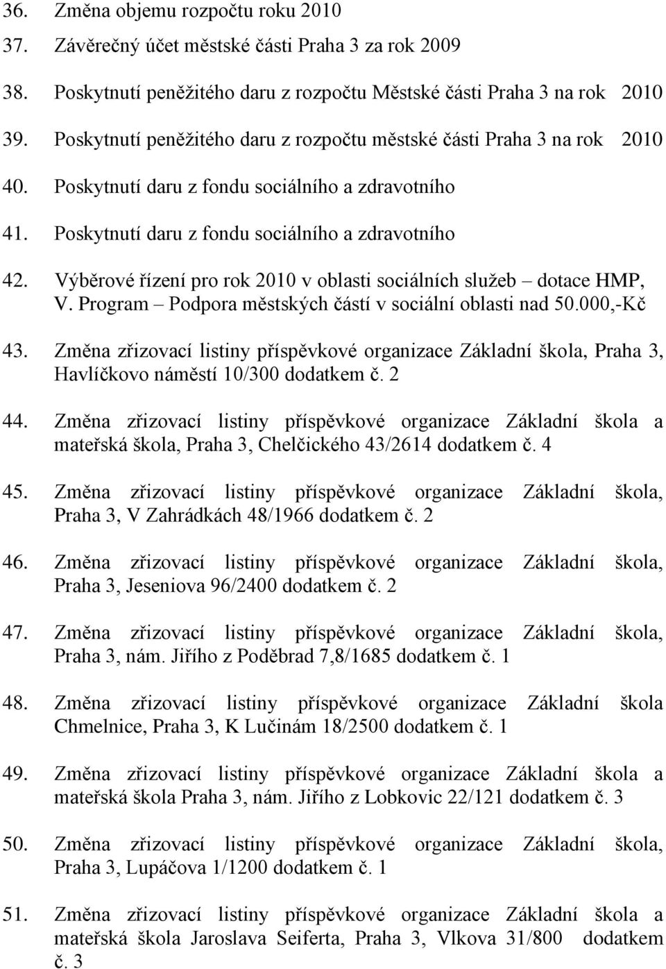 Výběrové řízení pro rok 2010 v oblasti sociálních služeb dotace HMP, V. Program Podpora městských částí v sociální oblasti nad 50.000,-Kč 43.