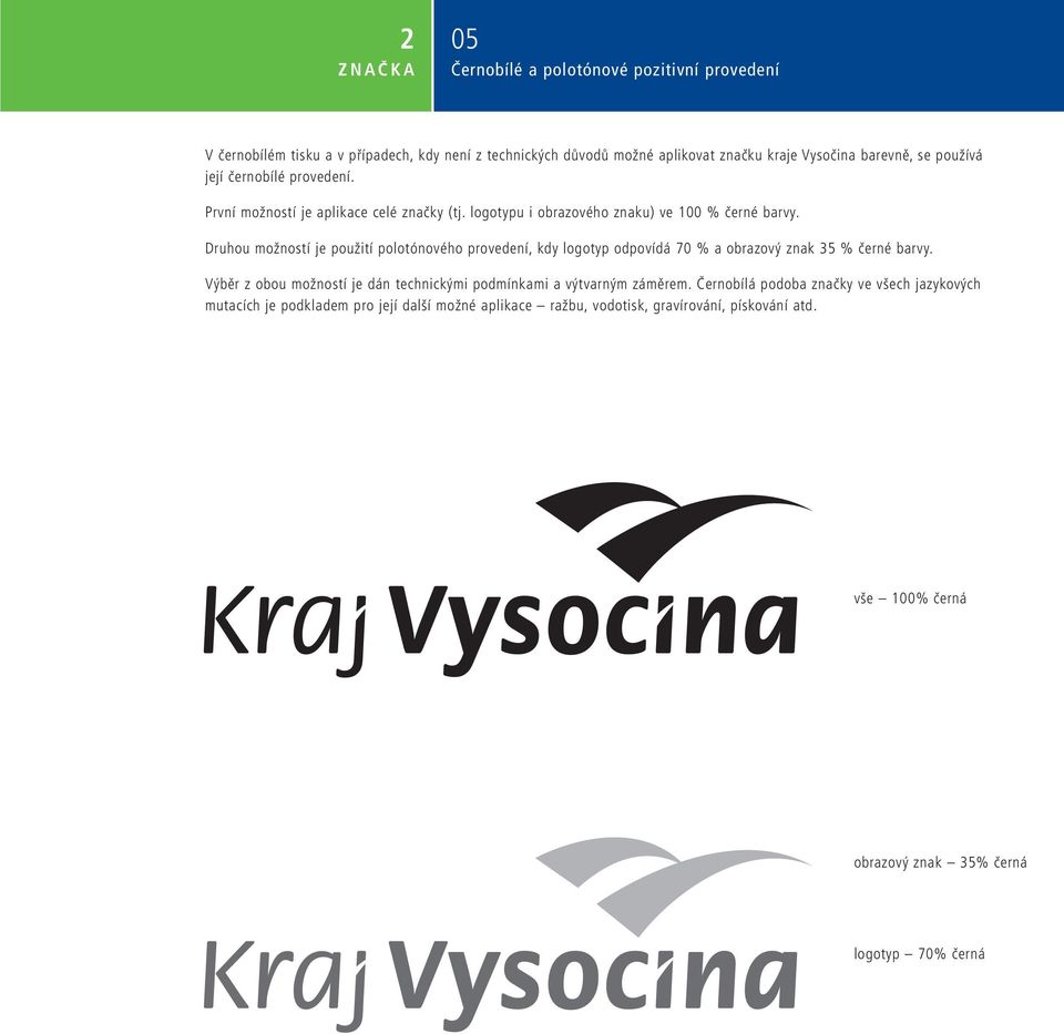 Druhou možností je použití polotónového provedení, kdy logotyp odpovídá 70 % a obrazový znak 35 % černé barvy.