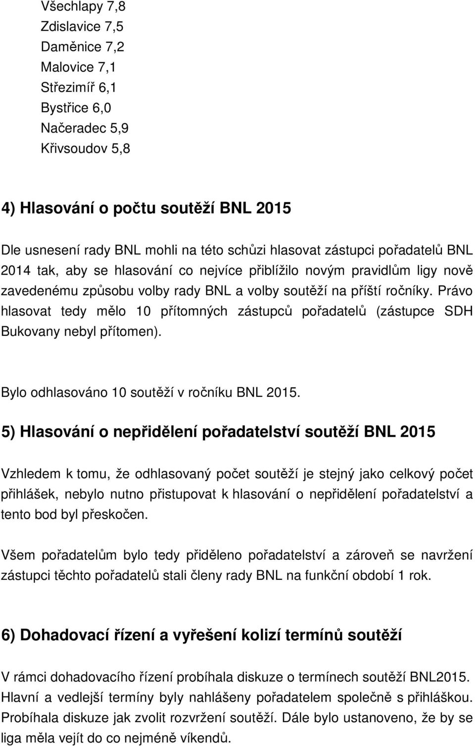 Právo hlasovat tedy mělo 10 přítomných zástupců pořadatelů (zástupce SDH Bukovany nebyl přítomen). Bylo odhlasováno 10 soutěží v ročníku BNL 2015.