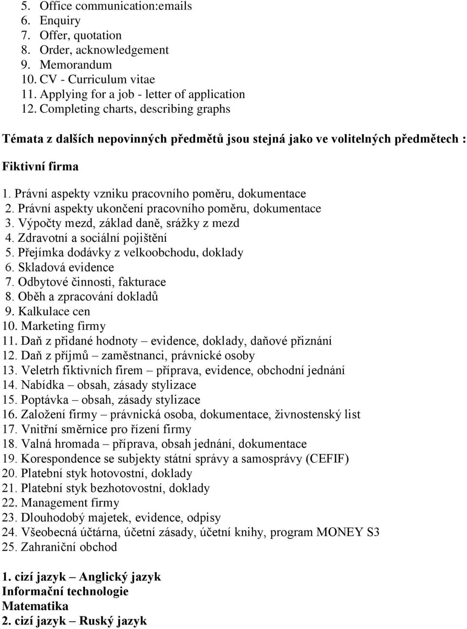 Právní aspekty ukončení pracovního poměru, dokumentace 3. Výpočty mezd, základ daně, srážky z mezd 4. Zdravotní a sociální pojištění 5. Přejímka dodávky z velkoobchodu, doklady 6. Skladová evidence 7.