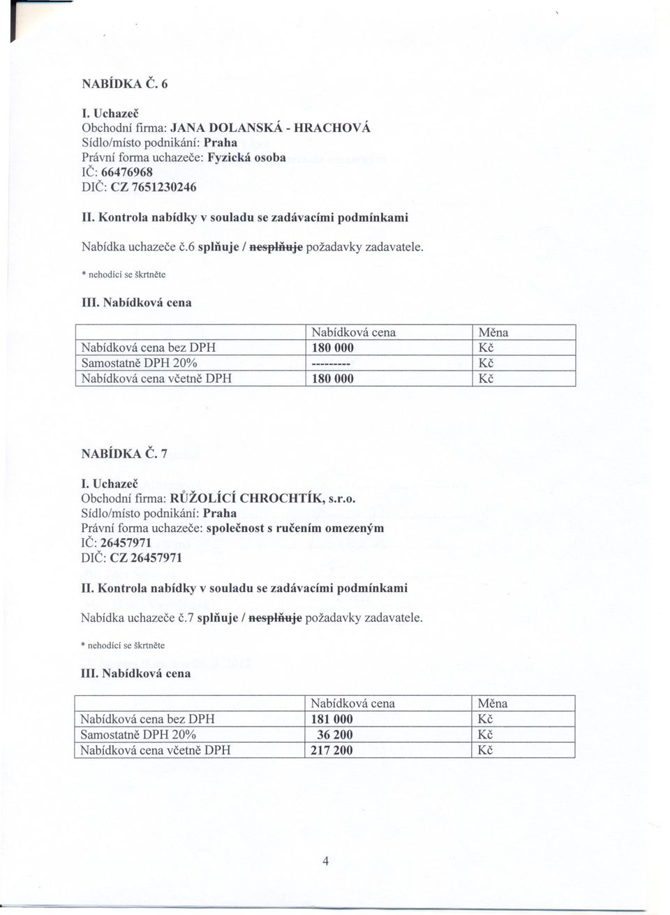 bez DPH 180 000 Kc Samostatne DPH 20% --------- Kc vcetne DPH 180 000 Kc NABÍDKA C. 7 Obchodní firma: RUŽOLÍCÍ CHROCHTÍK, s.r.o. IC:26457971 DIC: CZ 26457971 Nabídka uchazece c.