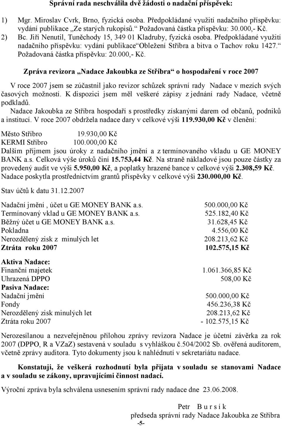 Předpokládané využití nadačního příspěvku: vydání publikace Obležení Stříbra a bitva o Tachov roku 1427. Požadovaná částka příspěvku: 20.000,- Kč.