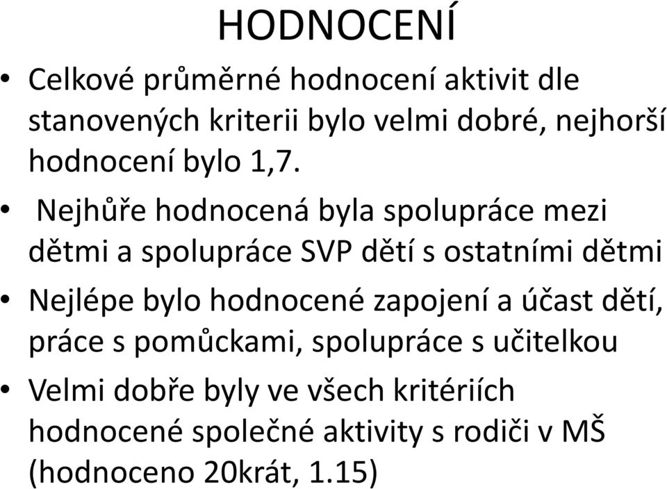 Nejhůře hodnocená byla spolupráce mezi dětmi a spolupráce SVP dětí s ostatními dětmi Nejlépe bylo