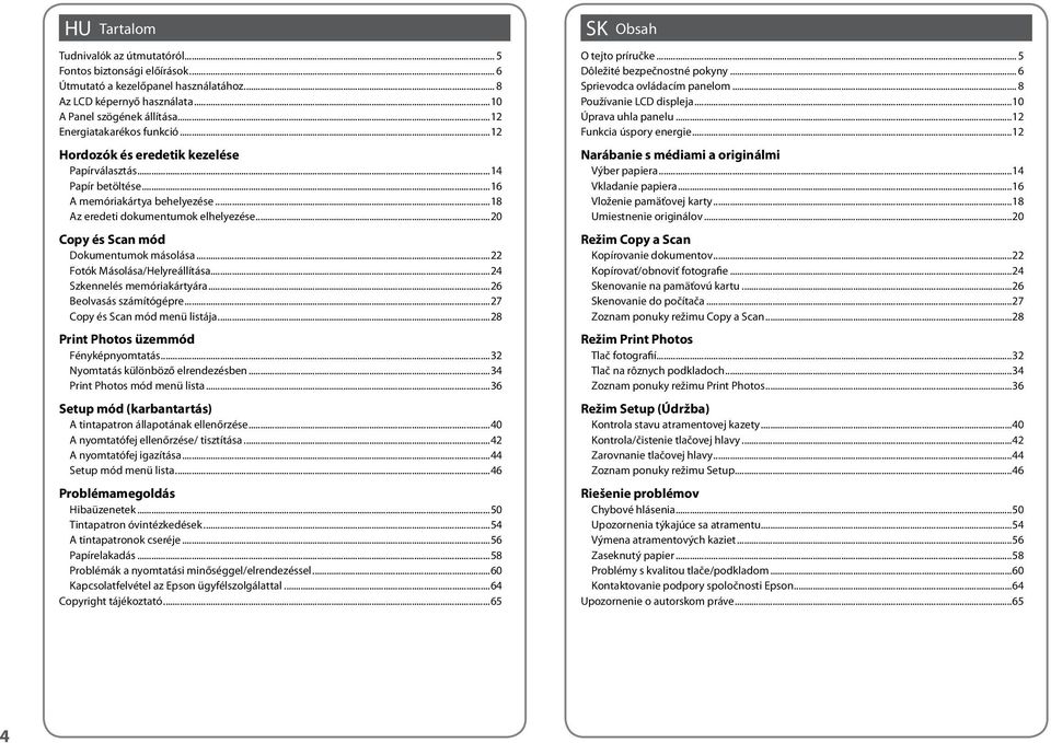 ..20 Copy és Scan mód Dokumentumok másolása...22 Fotók Másolása/Helyreállítása...24 Szkennelés memóriakártyára...26 Beolvasás számítógépre...27 Copy és Scan mód menü listája.