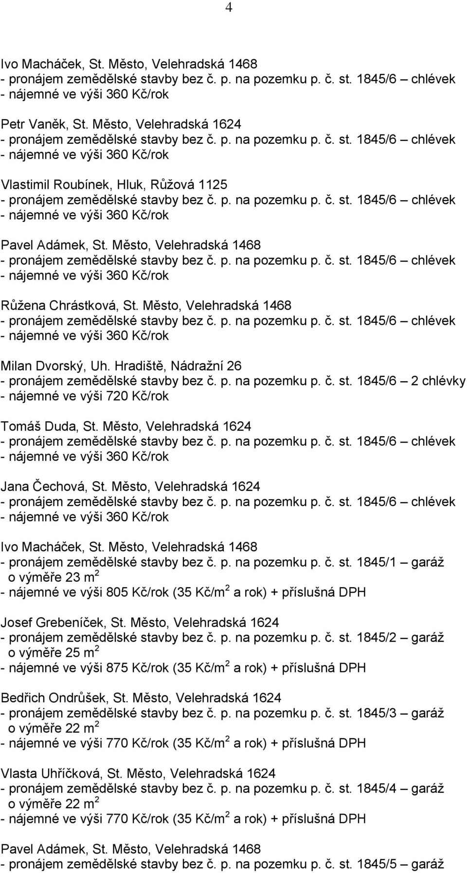 Město, Velehradská 1624 Jana Čechová, St. Město, Velehradská 1624 Ivo Macháček, St. Město, Velehradská 1468 - pronájem zemědělské sta