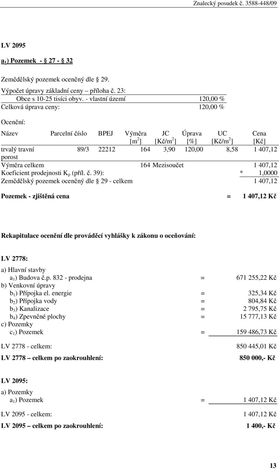 407,12 porost Výměra celkem 164 Mezisoučet 1 407,12 Koeficient prodejnosti K p (příl. č.