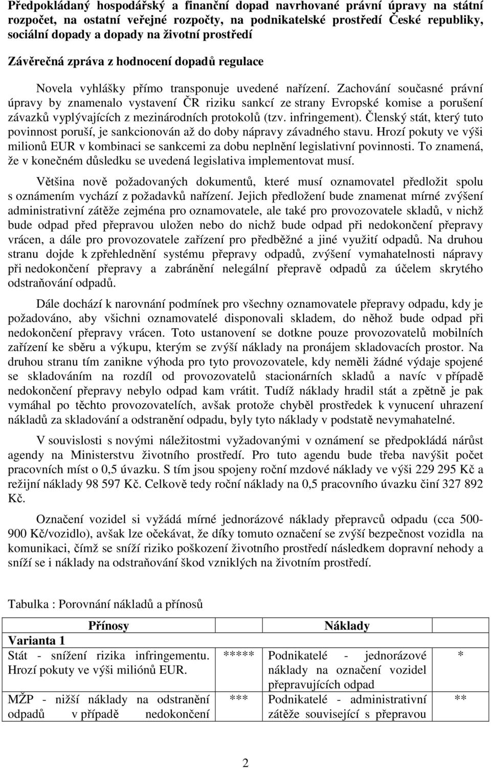 Zachování současné právní úpravy by znamenalo vystavení ČR riziku sankcí ze strany Evropské komise a porušení závazků vyplývajících z mezinárodních protokolů (tzv. infringement).