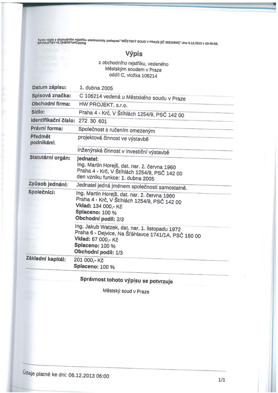 dubna 2005 splsoviznačka: ~C 106214 vedená Ú iiikěhoso~jj v Praze Obchodní firma: HW PROJEKT, s.r.c. sídlo:.