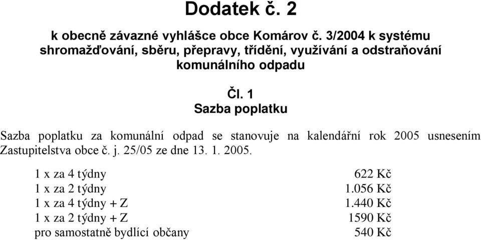 1 Sazba poplatku Sazba poplatku za komunální odpad se stanovuje na kalendářní rok 2005 usnesením Zastupitelstva