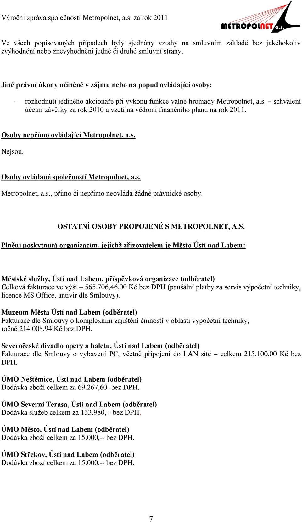 Osoby nepřímo ovládající Metropolnet, a.s. Nejsou. Osoby ovládané společností Metropolnet, a.s. Metropolnet, a.s., přímo či nepřímo neovládá žádné právnické osoby.