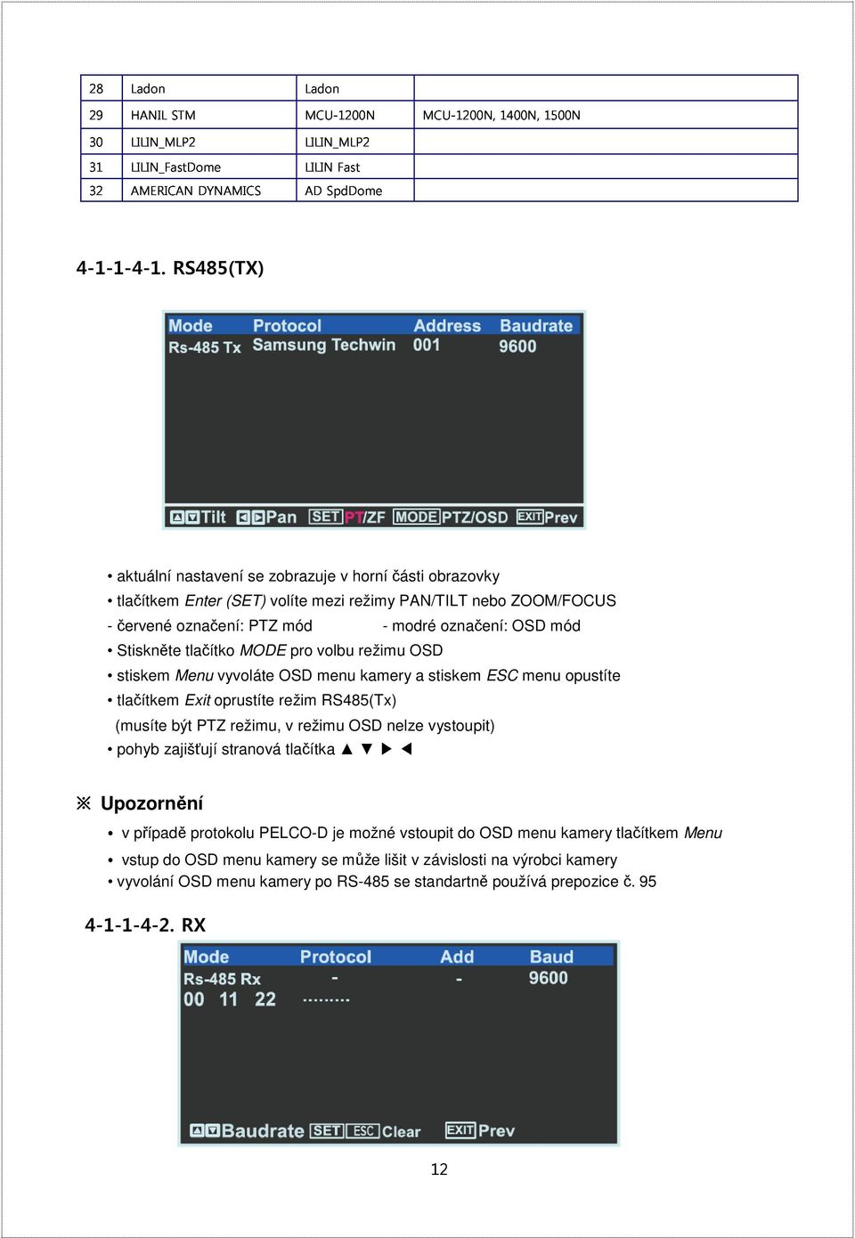 tlačítko MODE pro volbu režimu OSD stiskem Menu vyvoláte OSD menu kamery a stiskem ESC menu opustíte tlačítkem Exit oprustíte režim RS485(Tx) (musíte být PTZ režimu, v režimu OSD nelze vystoupit)