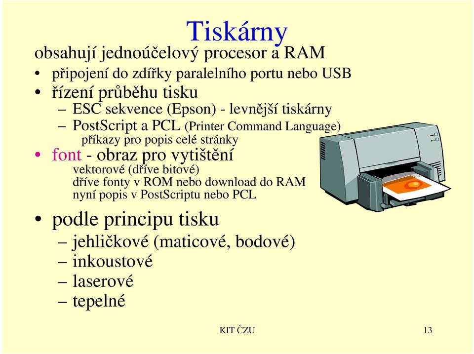 celé stránky font - obraz pro vytištění vektorové (dříve bitové) dříve fonty v ROM nebo download do RAM nyní