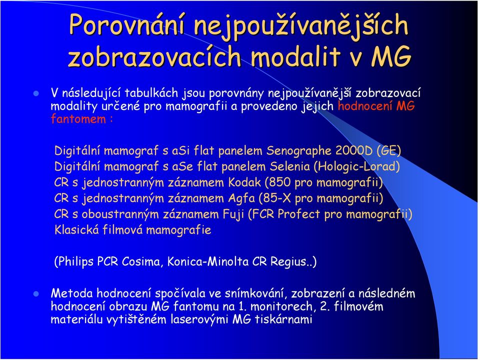 mamografii) CR s jednostranným záznamem Agfa (85-X pro mamografii) CR s oboustranným záznamem Fuji (FCR Profect pro mamografii) Klasická filmová mamografie (Philips PCR Cosima,