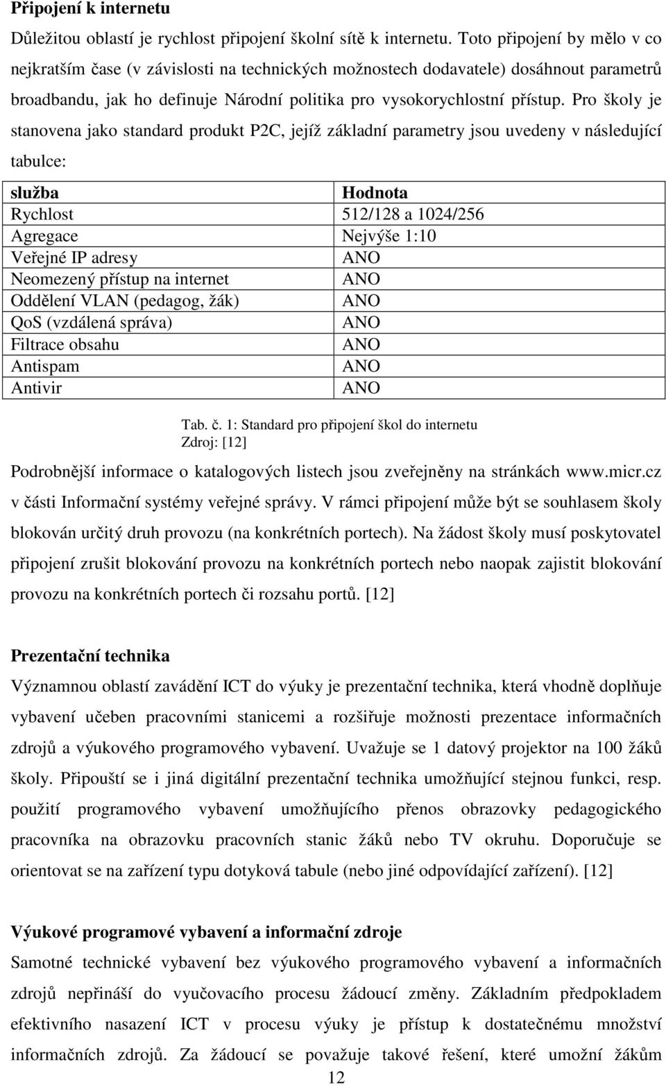 Pro školy je stanovena jako standard produkt P2C, jejíž základní parametry jsou uvedeny v následující tabulce: služba Hodnota Rychlost 512/128 a 1024/256 Agregace Nejvýše 1:10 Veřejné IP adresy ANO