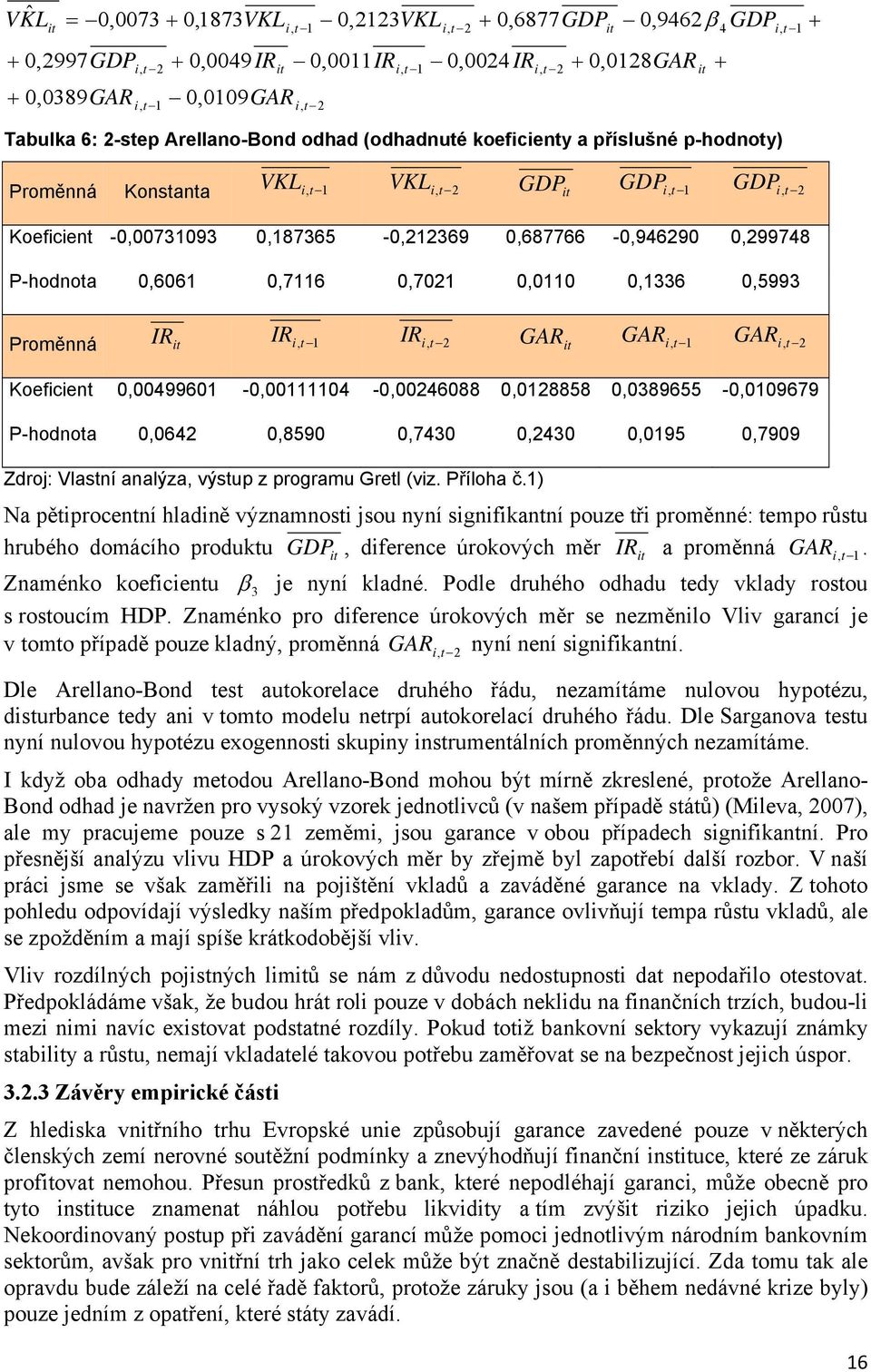 0,1336 0,5993 4 t 1 Proměnná IR IR t 1 IR t 2 GAR GAR t 1 GAR t 2 Koeficient 0,00499601-0,00111104-0,00246088 0,0128858 0,0389655-0,0109679 P-hodnota 0,0642 0,8590 0,7430 0,2430 0,0195 0,7909 Zdroj: