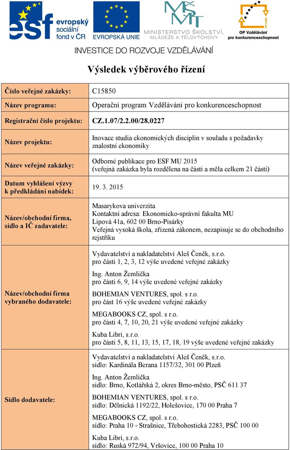 0227 Inovace studia ekonomických disciplín v souladu s požadavky znalostní ekonomiky Odborné publikace pro ESF MU 2015 (veřejná zakázka byla rozdělena na části a měla celkem 21 částí) 19. 3.